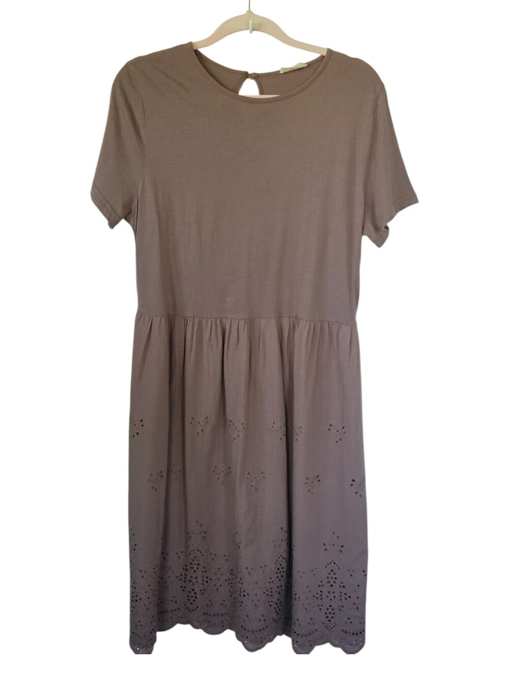QI QI JIA Paris Taupe Eyelet Midi Dress Babydoll Cottagecore Boho Modest